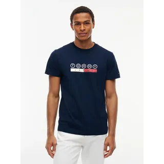 T-Shirt TOMMY JEANS "SLIM PLAY TEE", Herren, Gr. M, blau (dunkelblau), Single Jersey, Obermaterial: 100% Baumwolle, unifarben, slim fit normal, Rundhals, eingesetzt abgesteppte Kante, Shirts T-Shirt, Slim fit mit Markenprint