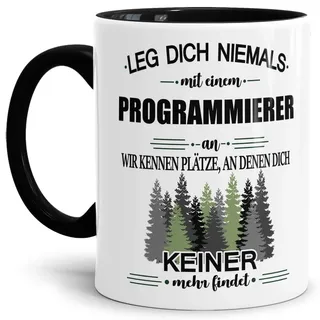 Tassendruck Berufe-Tasse Programmierer mit Spruch - Geschenk, Lustig | "Leg dich niemals mit einem Programmierer an", Innen & Henkel Schwarz, Büro, Job, Arbeit, Witzig, Keramik, 300 ml