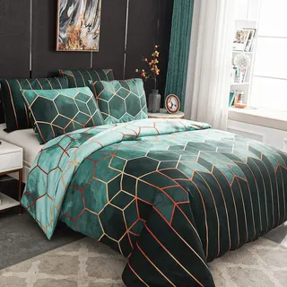 Bettlaken 135x200 cm 2 Stück grün geometrisch kariertes doppelseitiges Bettlaken Microfaser Vintage 1 Bettbezug mit Reißverschluss und 1 Kissenb...