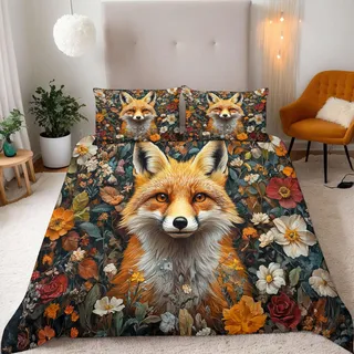 Generisch Fuchs Bettwäsche 135X200 Blumen Bettbezug Junge Mädchen 3D Effekt Teenager Bettwäsche-Set Mikrofaser Bettbezug Mit Reißverschluss Und 2 Kissenbezug 80X80Cm