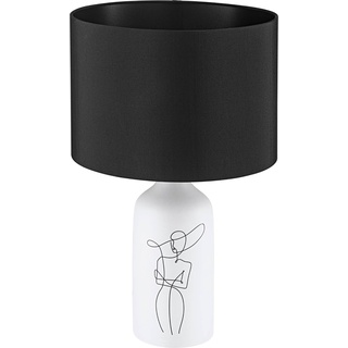 EGLO Tischlampe Vinoza, Nachttischlampe mit Lampenschirm, Tischleuchte aus Keramik in Weiß mit Motiv und Textil in Schwarz, Deko Schlafzimmer, Wohnzimmer Tisch Lampe, E27 Fassung
