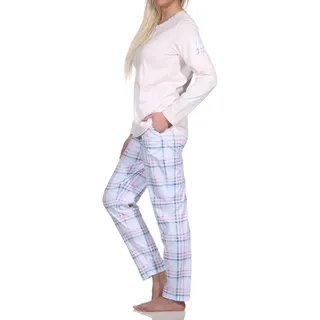 Normann Pyjama Damen Schlafanzug langarm Pyjama mit karierter Hose aus Jersey rosa 60-62