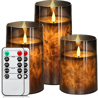 salipt LED Kerzen mit Fernbedienung Timer Funktion mit Glas Tasse, Flackernde Flammenlose, Echtwachskerze, Batteriebetrieben - Grau