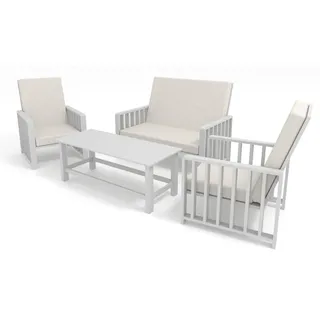 SET Solena Gartenmöbel Weiß mit beigen Kissen 2 Sesseln Sofa und Tisch aus Kiefernholz für Terrasse Balkon Garten Lounge Möbel wetterfest modern