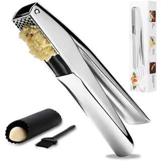 Knoblauchpresse Edelstahl 304 - Premium Garlic Press & Ingwerpresse mit Knoblauchschäler und Reinigungsbürsten - Knoblauchwippe Leicht zu Bedienen & Reinigen, Rostfrei Langlebig, Spülmaschinenfest