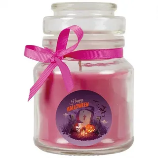 HS Candle Duftkerze (Dekokerze, 1-tlg), Halloween - Kerze im Bonbon Glas, Ideale Herbstdeko lila Ø 7 cm x 7 cm x 10 cm x 7 cm