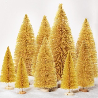 Zeyune Mini-Weihnachtsbäume, künstlicher Weihnachtsbaum, Sisal, Schneebaum, Holzsockel, Flaschenbürste, Kiefern mit 5 Größen, für Weihnachtsdekoration, Winterschmuck, Party, Tischbasteln (Gold)