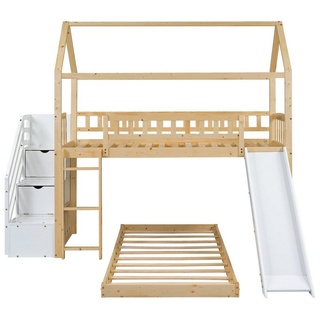 Gotagee Kinderbett Hausbett Kinderbett Etagenbett mit Treppe+Stauraum+Rutsche 90x200cm, Natur+Weiß