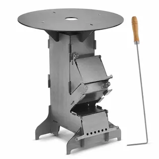 Peviasot Raketenofen mit Grillplatte und Feuerhaken, steckbarer Camping Holzofen aus Kohlenstoffstahl, Outdoor Campingkocher, BBQ Grill für Garten, Terrasse und Camping