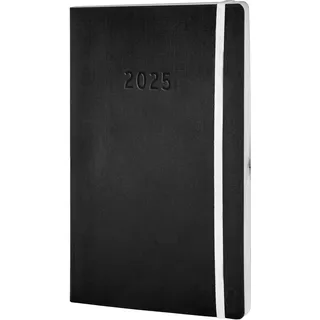 Chronoplan 50925 Buchkalender Kalendarium 2025 (Terminplaner A5 (135x210mm) mit Softcover, Wochenplaner, 1 Woche auf 2 Seiten, mit flexibler Stiftschlaufe, Einmerkband, Gummiverschluss) schwarz