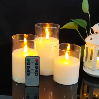 Flammenlose Kerzen-Fernbedienung, 3D-Docht, realistische flackernde Kerzen, LED-Kerzen, klares Glas mit Fernbedienung, Timer, 10,2 cm, 12,7 cm, 15,2 cm, 3 Stück für Party, Hochzeit, Weihnachten