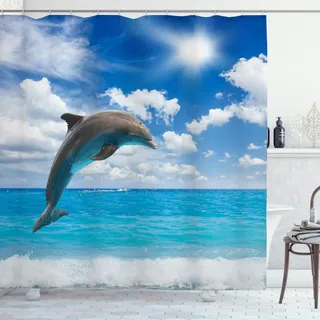 OCEUMACO Duschvorhang 3D Delphin Meer 180x200 Ocean Tiere Motiv Shower Curtains Textil Antischimmel Wasserdicht Duschvorhänge Badewanne Stoff Polyester Waschbar Lang Vorhang mit Haken - Blau 4