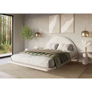 Visby Holzbett Momoko (Buchenbett Futonbett mit Schwebeeffekt), mit rundem, gepolstertem Bouclé-Kopfteil, 120/200, Buche – lackiert beige|weiß 165 cm x 217 cm x 106 cm