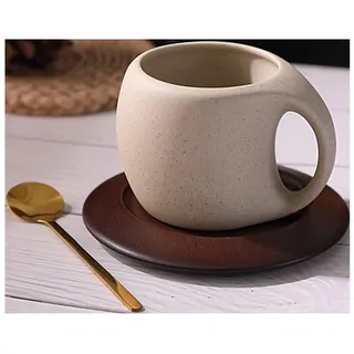 XPJYUA Cappuccino Tassen 1 Set, 250 ml, Vintage-Kaffeetasse und Untertasse aus Keramik, Kaffeebecher, Retro-Teetasse, Latte-Becher mit Löffel und Holzuntersetzer