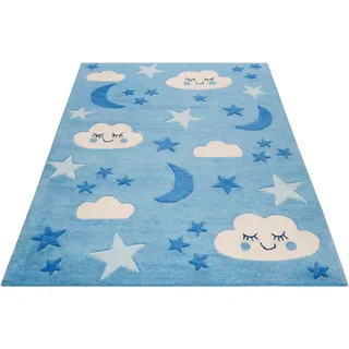 Kinderteppich SMART KIDS "LaLeLu" Gr. 31, blau, B:130cm H:9mm L:190cm, Kunstfaser, Teppiche, Kinderteppich, Mond Sterne Wolken, Konturenschnitt