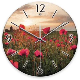 Kreative Feder Wanduhr „Mohnblumen-Feld“ aus Stein (Keramik) in Schiefer-Optik; Durchmesser 30cm; mit leisem Uhrwerk (Mohnblumen-Feld, leises Quarzuhrwerk)