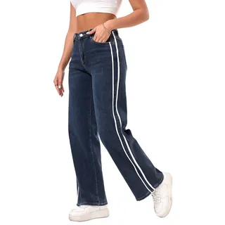Ital-Design Dad-Jeans Sportliche Damenjeans mit seitlichen Details für Alltag (90727815) Used-Look Stretch Straight Leg Jeans in Dunkelblau blau S/36