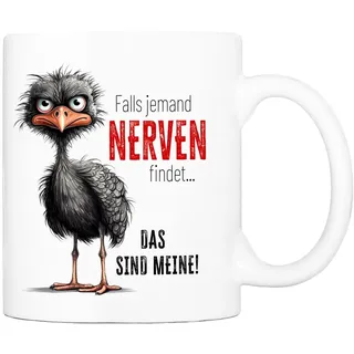 Cadouri Tasse mit Spruch Falls jemand Nerven findet Kaffeetasse Büro Arbeit, Geschenk, Keramik, Kaffeebecher, Geschenkidee Arbeitskollege, lustig, Humor, 330 ml