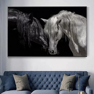 Wanddekoration Malerei Modernes Afrika Paar Pferd Leinwand Gemälde Schwarz und Weiß Pferd Poster und Druck Wandkunst Bilder für Wohnzimmer Dekor-50x70cm