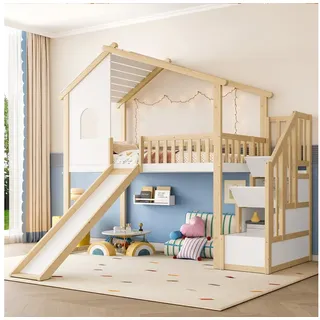 Merax Hochbett (1-St., Hausdesign Etagenbett Stockbett Jugendbett) Massivholz Kinderbett 90x200cm mit Rutsche, Stauraumtreppe und Fenster weiß