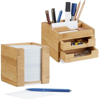 Relaxdays 2 tlg. Schreibtisch Set, Schreibtisch-Organizer mit Stiftehalter und Schubladen, Zettelbox mit Notizzetteln, Bambus
