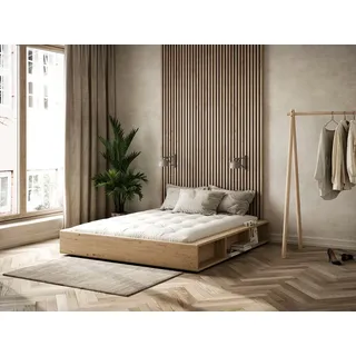 Karup Design Stauraumbett Ziggy Bed, Stauraumbett, FSC®-zertifiziertes Massivholz made in Europe (Erhältlich für Matratzen Breite 90, 120, 140, 160 oder 180 cm), mit 3 Ablagen, inklusive Lattenrost, ohne Matratze, mehrere Farben beige 168 cm x 205 cm x 29 cm