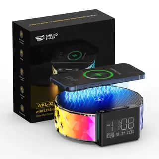 Smiling Shark Lichtwecker, Nachttischlampe Wecker Kabelloser Ladestation mit Touch Steuerung 3 Stufen und RGB-Modus LCD-Display Ladegerät Wecker Licht Nachttischlampen für Schlafzimmer Zuhause-Deko