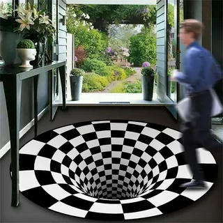 Salutebaba 3D Illusion Teppich Runde Schwarz Weiß Bereich Teppich 3D bodenloses Loch Optische Täuschung Teppiche Bodenmatte für Wohnzimmer Küche Büro