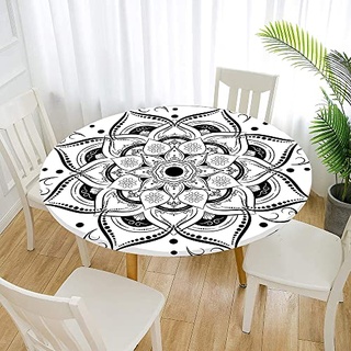 Morbuy Rund Tischdecke Elastisch, Lotuseffekt Abwischbar Rund Tischdecken Mandala Tischtuch für Küchen Garten Outdoor (Durchmesser 90cm,Weiß)