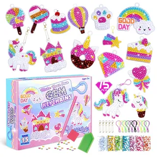 CAYUDEN Diamond Painting Kinder, 15 Stück Diamond Schlüsselanhänger DIY Diamond Painting Keychain Kits Kids 5D Einhorn Diamant Painting Anhänger Gem Ornamente Bastelset Kinder 4 6 8 10 12 Jahre