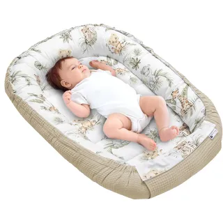 Medi Partners Babynest Nestchen für Neugeborene - 100x60x15 Babynestchen Baby zweiseitg Nest Bett 100% Baumwolle Waffel Kuschelnest tragbar (‎Safari mit beige Waffel)