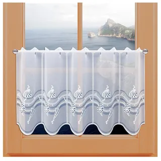 kollektion MT Scheibengardine Meereshauch Vogtländische Spitze - Maritime Badgardine mit Muscheln in weiß-blau - moderner Scheibenhänger mit edler Stickerei | Kurzgardine Höhe x Breite 40 x 112 cm