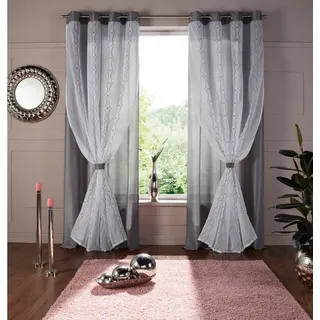 Home affaire Gardine Blair, Ösen (1 St), halbtransparent, doppellagig, transparente Stofflage mit Stickerei und in Seiden Optik grau|weiß 140 cm x 175 cm