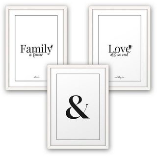 Poster, Family, Love, Liebe, Familie, Schwarz-Weiß, Schrift (Set, 3 St), 3-teiliges Poster-Set, Kunstdruck, Wandbild, optional mit Rahmen, wahlw. in DIN A4 / A3, 3-WP082