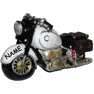 Spardose Motorrad/Oldtimer - grau - incl. Name - Fahrschule - Geld Sparschwein/Fahrzeuge - lustig witzig - Reisekasse/Motorradrundfahrt/Motorradreise ..