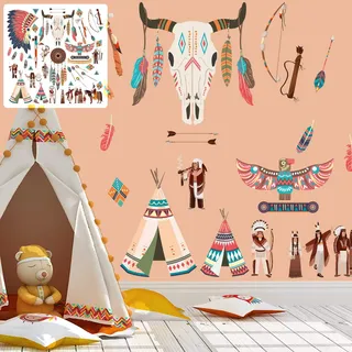 Wandtattoo Wandaufkleber Indianer Indian Bunt Vinyl Wanddeko | Format 240 x 240 cm selbstklebende Vinylfolie für Kinderzimmer Babyzimmer konturgeschnitten leicht anzubringen