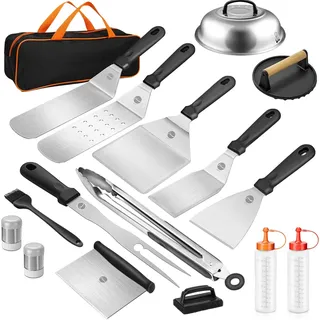 Huolewa 16-TLG BBQ Grillspachtel Set, Edelstahl Plancha Zubehör für Männer | Hochwertige Smash Burger Set mit Fleischgabel und Burgerpresse für Teppanyaki, Grillen, Camping