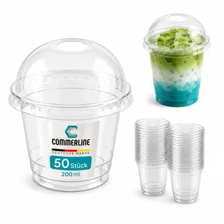Commerline Smoothie Becher, 200 ml, 50 Stück, Slush Becher mit Domdeckel | Transparentes R-PET, Plastikbecher mit Deckel, Dessertbecher, Bubble Tea Becher, Eiskaffee To Go, Trinkhalmöffnung