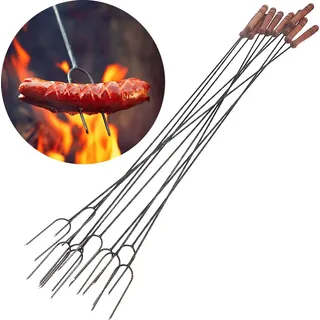 BAUSTER® Satz mit 10 Stück Lagerfeuerspieß, Grillspieße Lagerfeuer 100cm Stock Grill Grillgabel Metall Hochwertige mit Holzgriff mit zwei Zinken