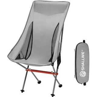 SHALLWE Ultraleichter, klappbarer Campingstuhl mit hoher Rückenlehne, verbesserte Aluminium-Struktur, Seitentasche und Tragetasche, kompakt und strapazierfähig für Outdoor-Rucksackreisen (Grau)