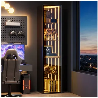 Flieks Glasvitrine mit LED-Lichtleiste, 4 verstellbaren Glaseinlegeböden & Spiegelwand (30x30x160 cm, Glastür mit Soft-Close-Funktion, 1-St., Eckvitrine mit verspiegelter Rückwand & 5 Ebenen) Hochschrank Standvitrine Eckschrank Mehrzweckschrank mit 3 Fächern schwarz