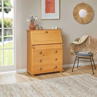 Sekretär GOMES aus Massivholz, Gebeizt - Schreibsekretär mit Klappe und Schubladen mit Muschelgriffen, Kiefer Massivholz, Landhausstil für Büro... - Braun