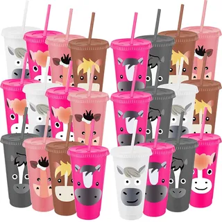 HFZCV 24 Stück Pferde Partybecher mit Deckel und Strohhalm 710 ml Wiederverwendbare Kunststoff Trinkbecher mit Tiermotiv für Geburtstag Party Feier Weihnachten Thanksgiving und Geschenkideen