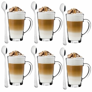 Tadar Latte Macchiato Kaffeegläser 320ml 6 Stück und 6 Cocktail-Löffel Latte Kaffeegläser Set mit Langen Cocktail-Löffel