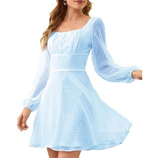 B.X A-Linien-Kleid Damen Minikleid Polka Dots Square Punkten elegantes Volantkleid Langärmliges mit Neck A-Linien-Kleid aus Chiffon Laternenärmeln blau XL