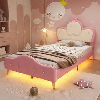 Merax Kinderbett Polsterbett 90x200cm mit LED-Streifen, Mädchen Einzelbett, Kopfteil in Wellenform mit Krone, Bettgestell mit Lattenrost und Fußteil, Jugendbett, PU, ohne Matratze, Rosa & Weiß