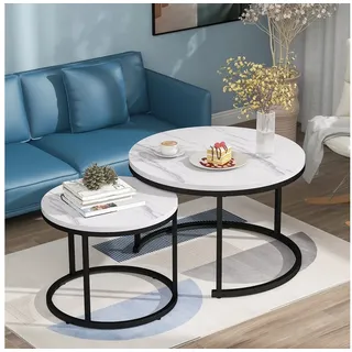 IDEASY Couchtisch Runder Couchtisch 2er Set Satz Couchtisch Wohnzimmer, Marmor-Desktop-Aufkleber, 50 x 70.5 cm+ 45.5 x 44 cm weiß