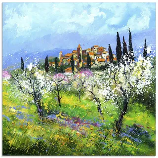 ARTLAND Weißer Blütenhain Glasbild 30 x 30 cm | Echtglasbild, hochglänzend, pflegeleicht, Motiv: Hügeldorf zwischen weißen Blüten