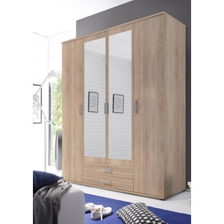 Schlafkontor Karl Kleiderschrank + Spiegel Holzwerkstoff Melamin 4 Türen 160x196x54 cm - Eiche Sonoma - 160