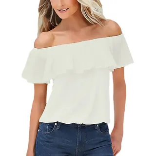 Laisla Fashion Sommer Blusen Damen Elegant Off Shoulder Rückenfrei Ärmellos Mit Rüschen Carmenbluse Chiffon Bluse Top Blusenshirt Oberteile Mädchen - M